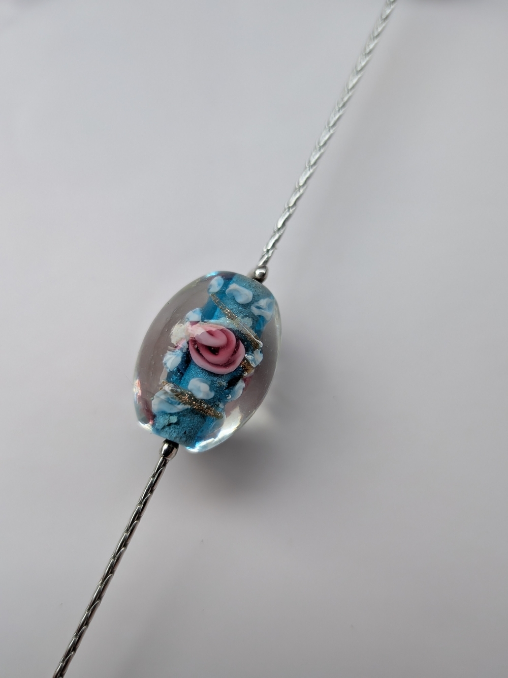 Cookie Lee Blue Lampwork Glass Beaded Station Necklace Floral Crystal